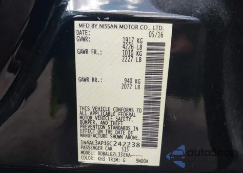 2016 Nissan Altima 2.5/2.5 S/2.5 Sl/2.5 Sr/2.5 Sv from USA, damaged, VIN 1N4AL3AP3GC242238